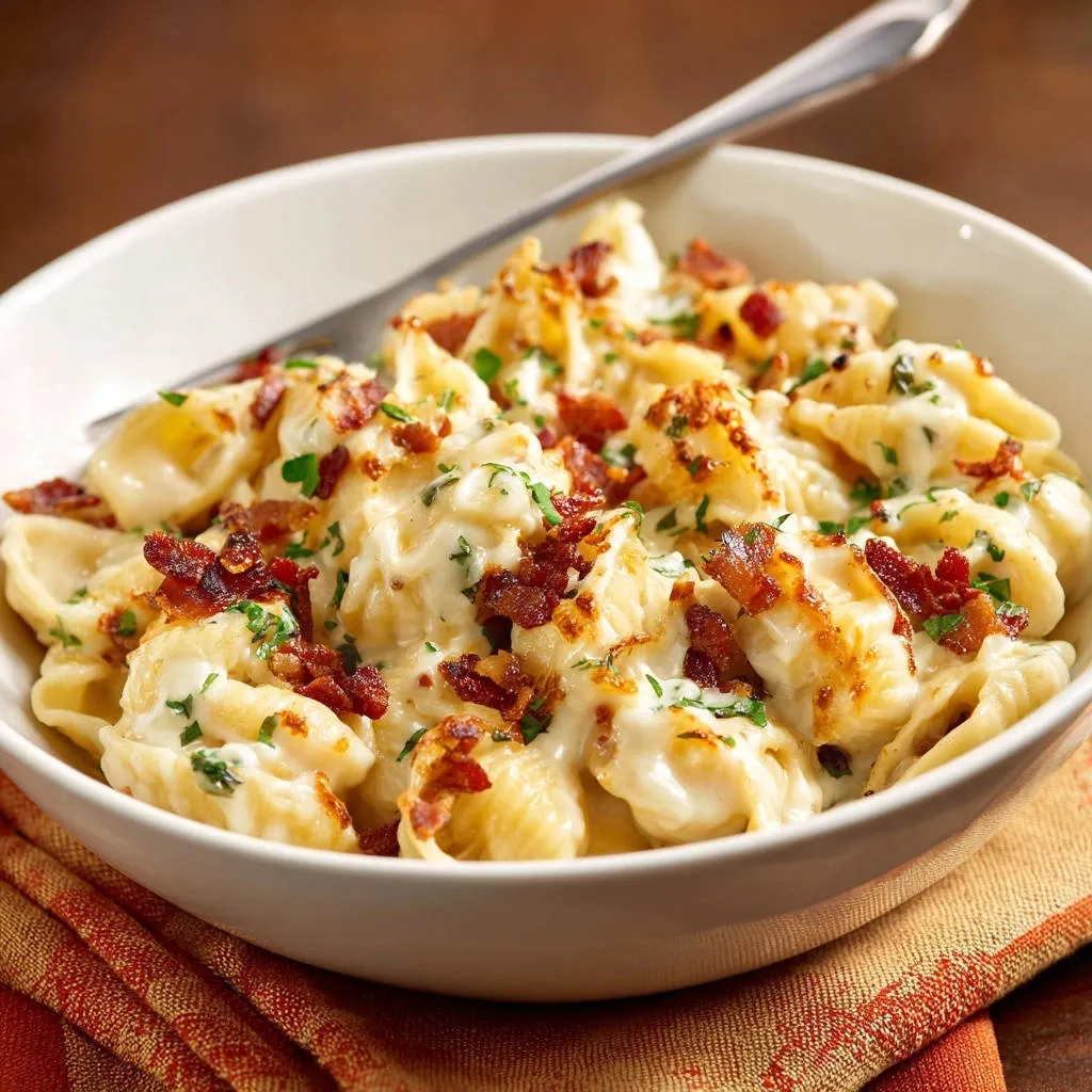 Creamy shells with bacon in a white bowl, close-up view showing the pasta and bacon topping.