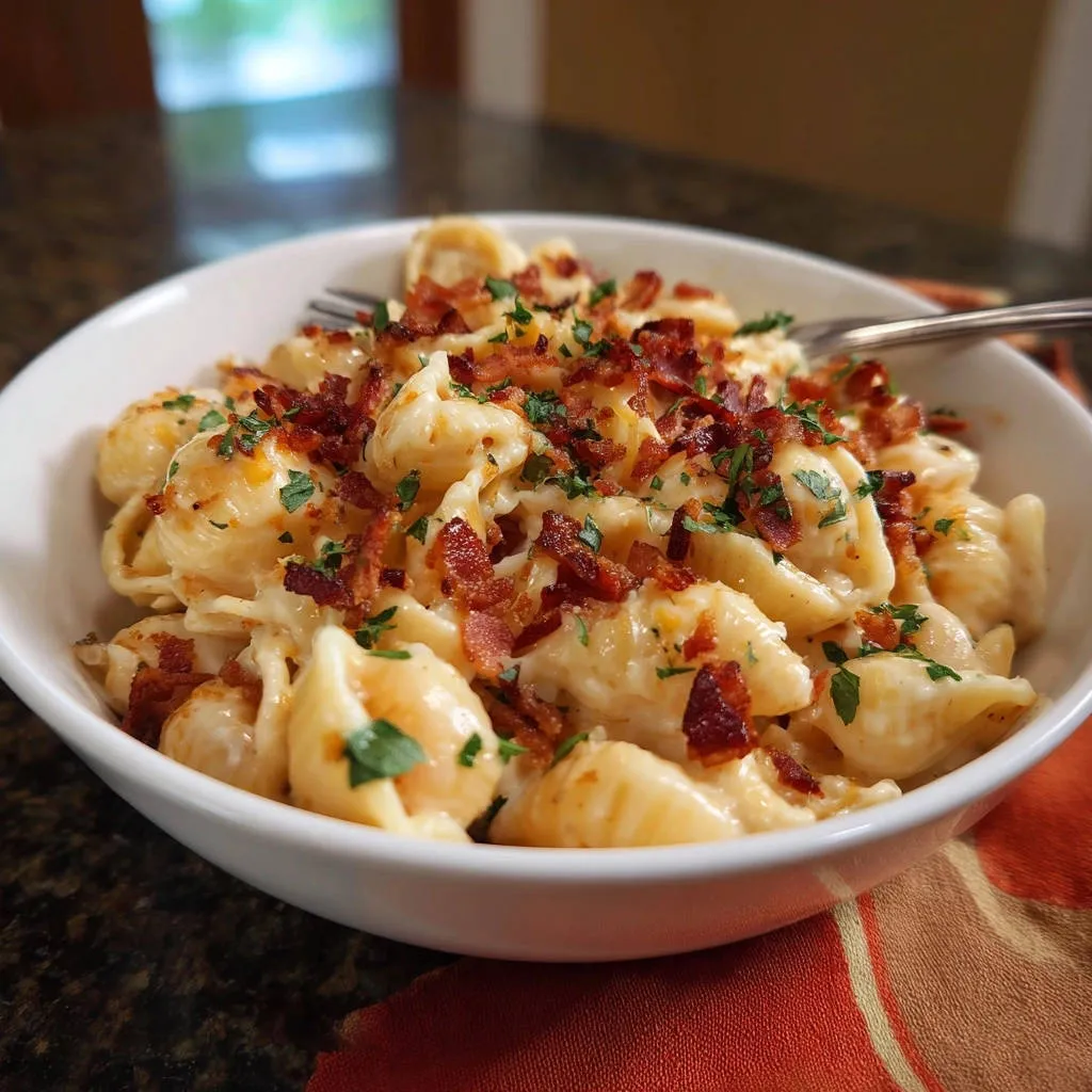 Creamy shells with bacon, a close-up view showcasing the pasta topped with crumbled bacon and fresh parsley.