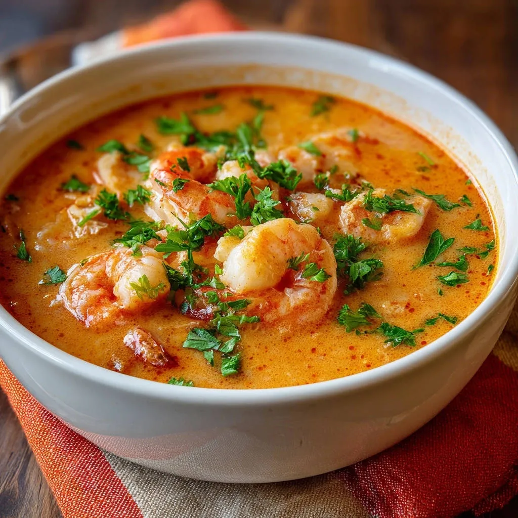 Creamy shrimp stew generously garnished with fresh parsley in a white bowl, showcasing its rich texture.