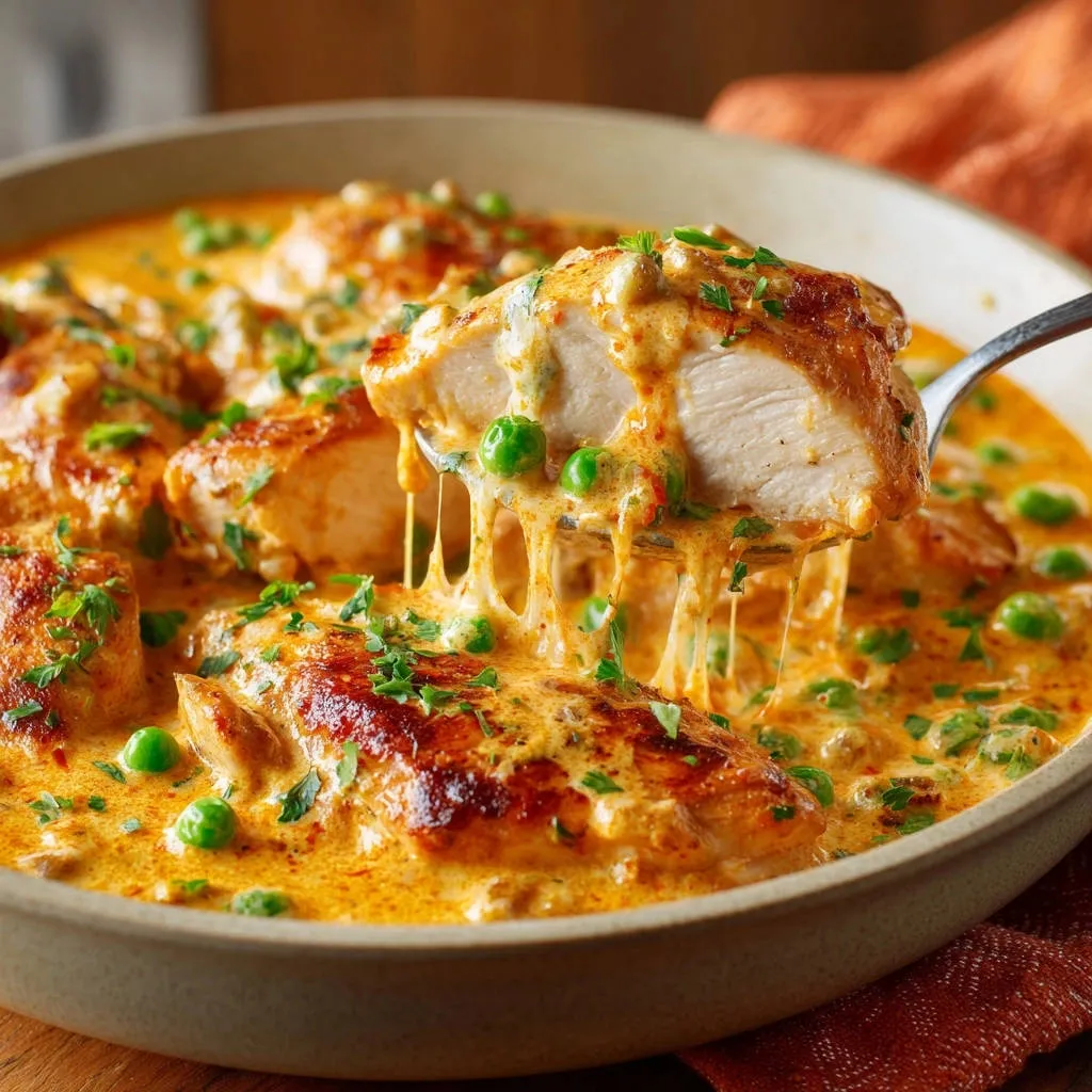 Creamy skillet chicken with peas showcasing a delicious cheese pull as a piece is lifted from the dish.
