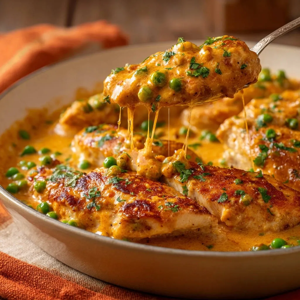 Creamy skillet chicken with peas showing a cheese pull from a spoonful of the saucy dish.