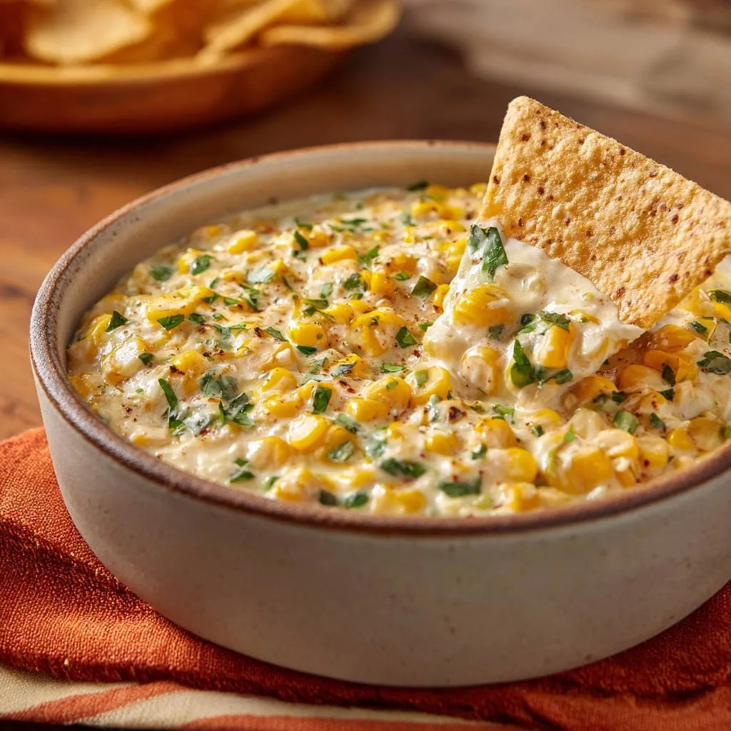 Creamy skillet corn dip with a tortilla chip scooping a generous portion, garnished with fresh herbs.