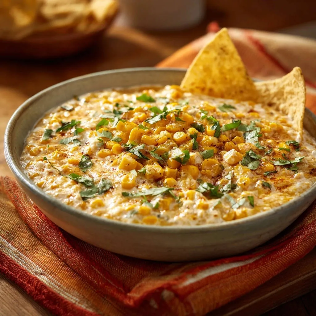 Creamy skillet corn dip topped with fresh cilantro and a tortilla chip, presented in a rustic bowl.