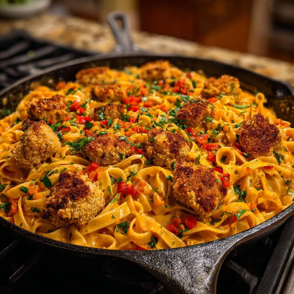 Creamy skillet pasta with crispy chicken bites served in a cast iron pan, viewed from above.