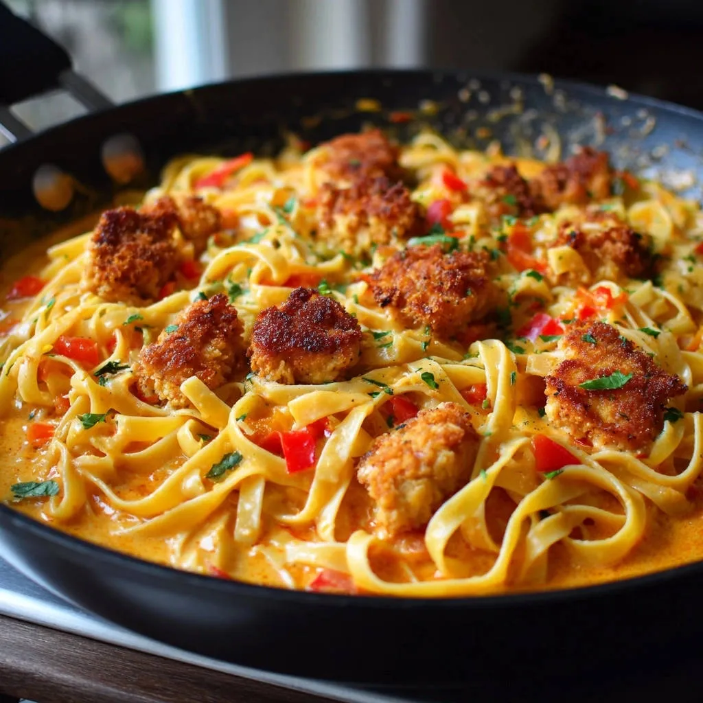 Creamy skillet pasta with crispy chicken bites, shown in a close-up view within the cooking pan.