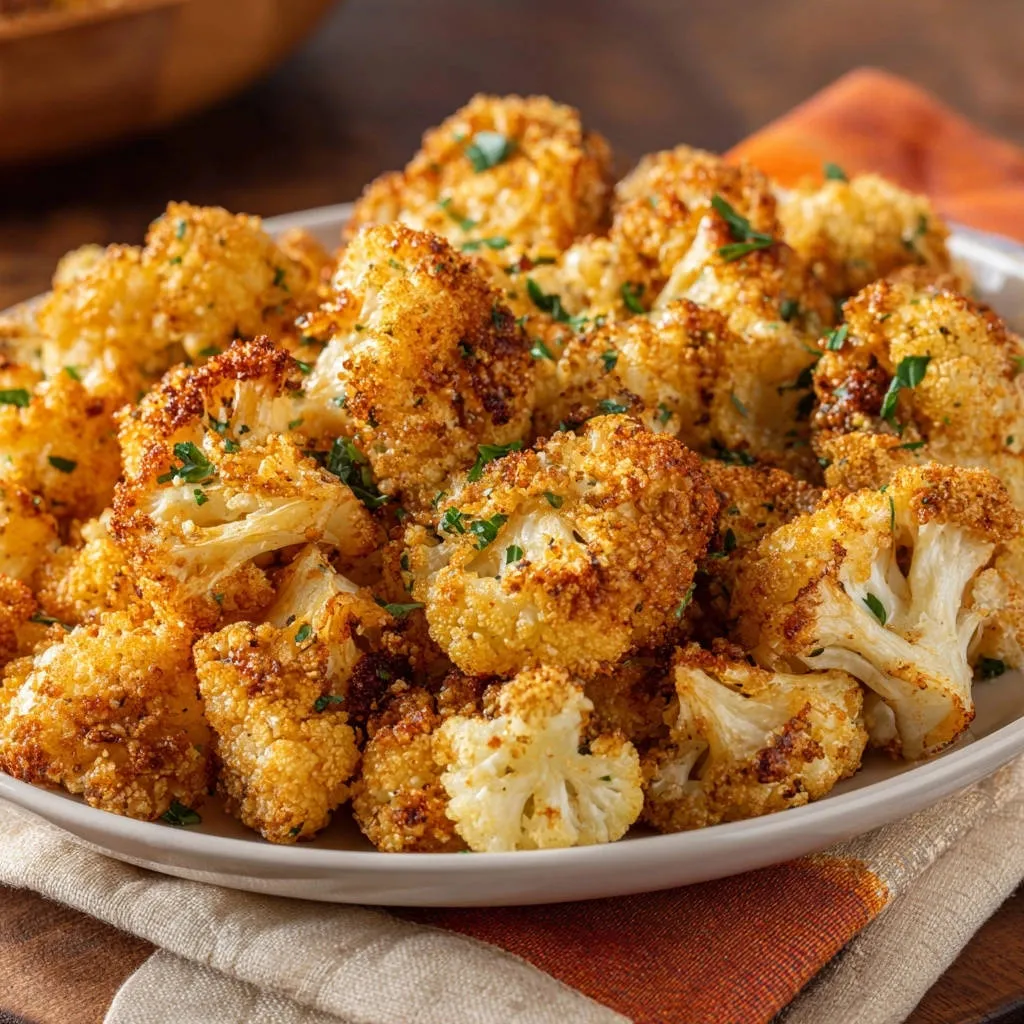 Crispy roasted cauliflower with golden breadcrumbs and fresh parsley garnish, presented on a white plate.