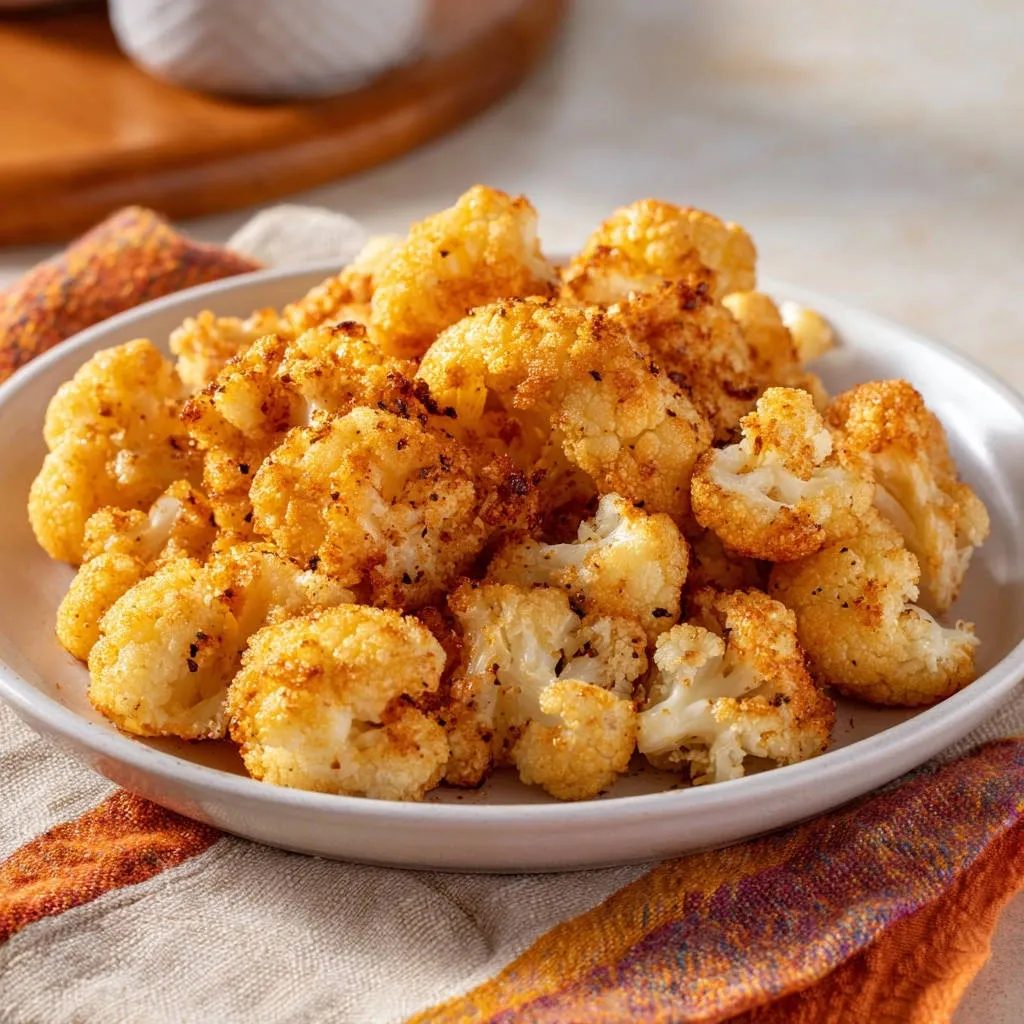 Crispy roasted cauliflower shown in a close-up detail on a white plate with a textured napkin.