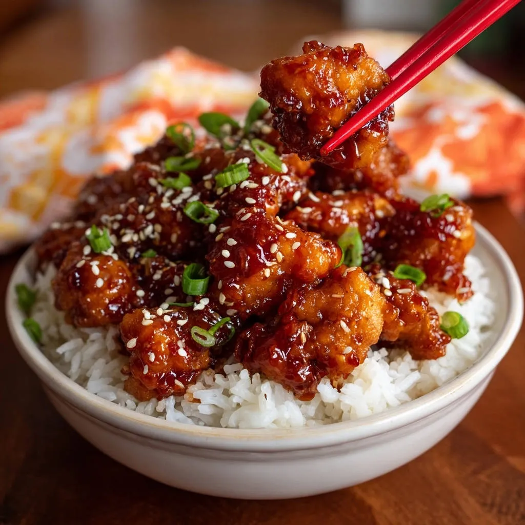 Crispy sticky glazed chicken being lifted from a bowl of rice with red chopsticks, garnished with sesame seeds and scallions.