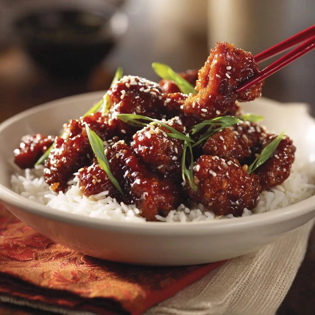 Crispy sticky glazed chicken being lifted with red chopsticks from a bowl of white rice, garnished with sesame seeds and green onions.