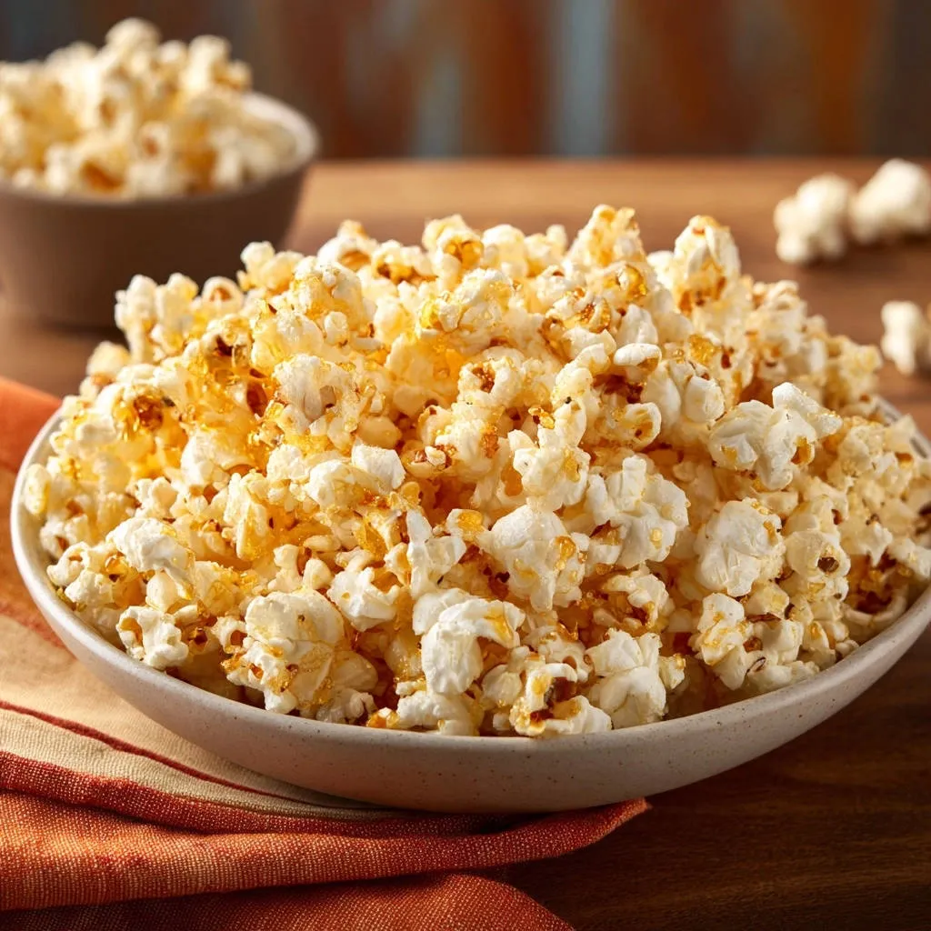 Classic crunchy caramel popcorn piled high in a white bowl, showing a close-up detail of the glossy caramel coating.