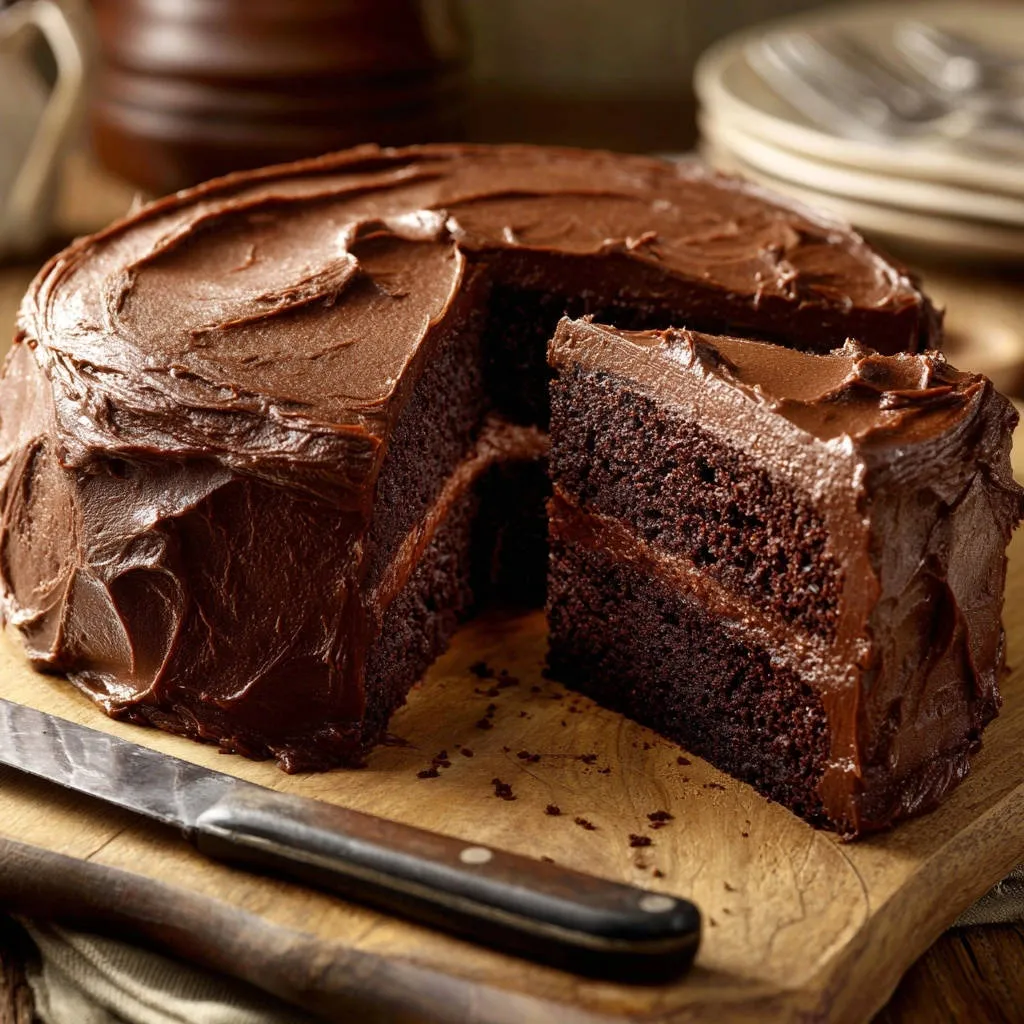 Decadent chocolate cake shown in a close-up cross-section with a slice cut out, revealing its rich layers.