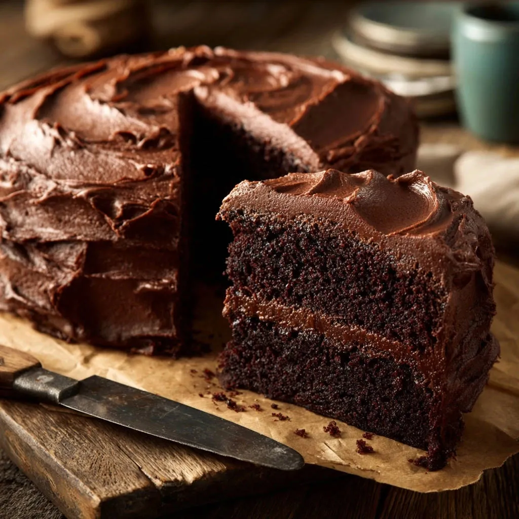Decadent chocolate cake sliced to reveal a moist cross-section with rich chocolate frosting.