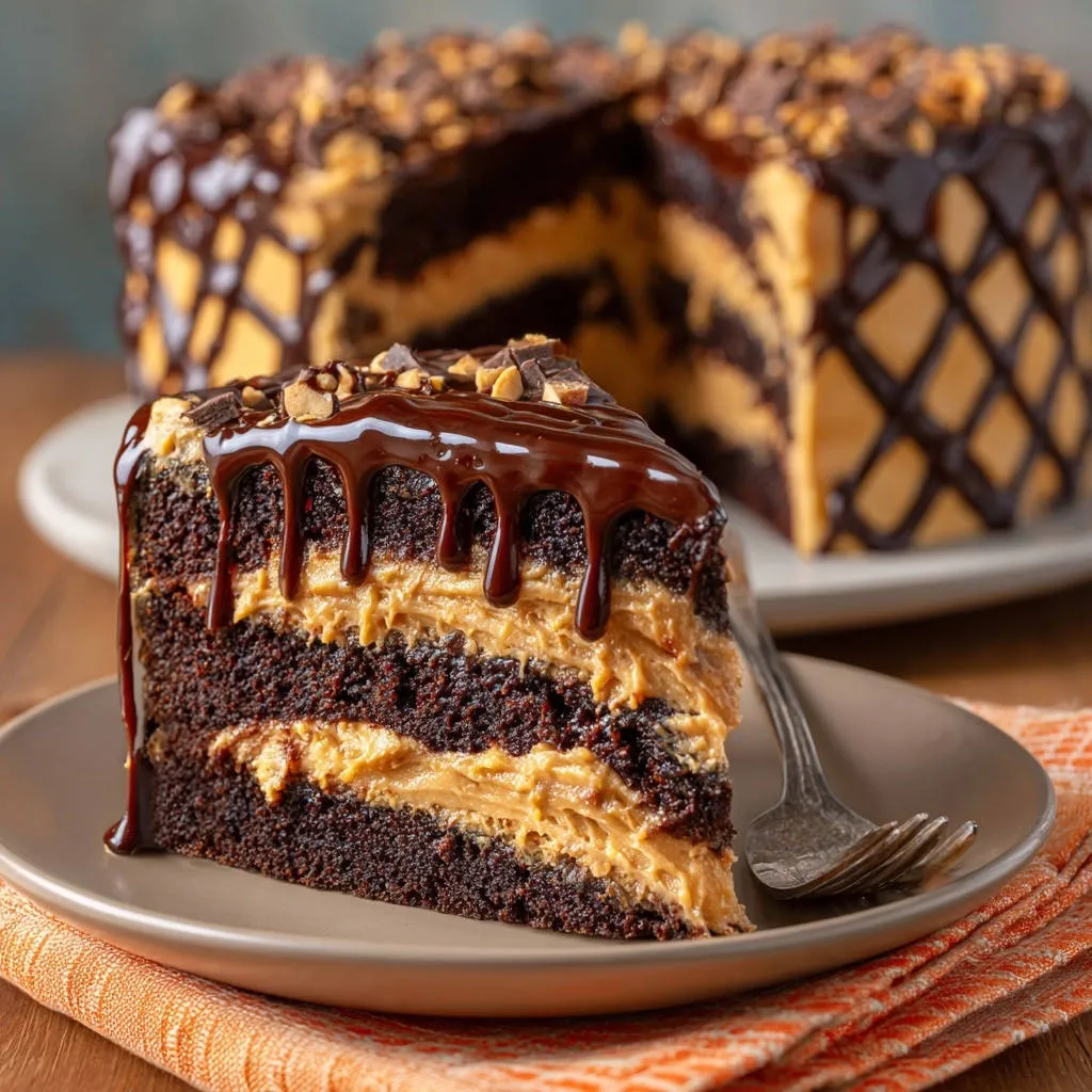 Decadent chocolate peanut butter layer cake sliced cross-section showing moist chocolate cake and creamy peanut butter filling.
