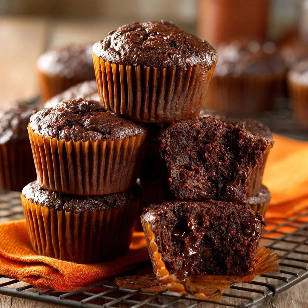 Deep chocolate muffins shown in a close-up cross-section revealing a gooey, molten chocolate center.