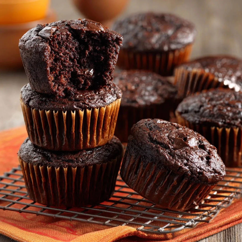 Deep chocolate muffins stacked on a wire cooling rack, one with a bite taken out, showing its moist interior.