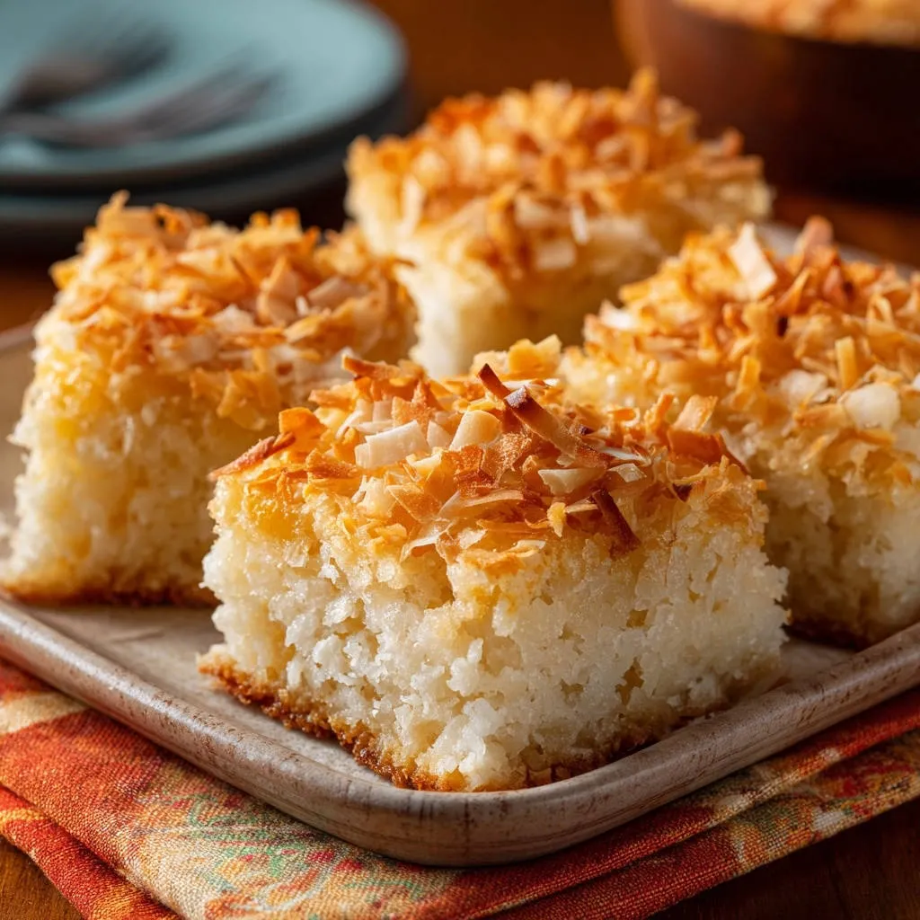 Easy coconut bars sliced and topped with toasted coconut flakes on a serving platter.