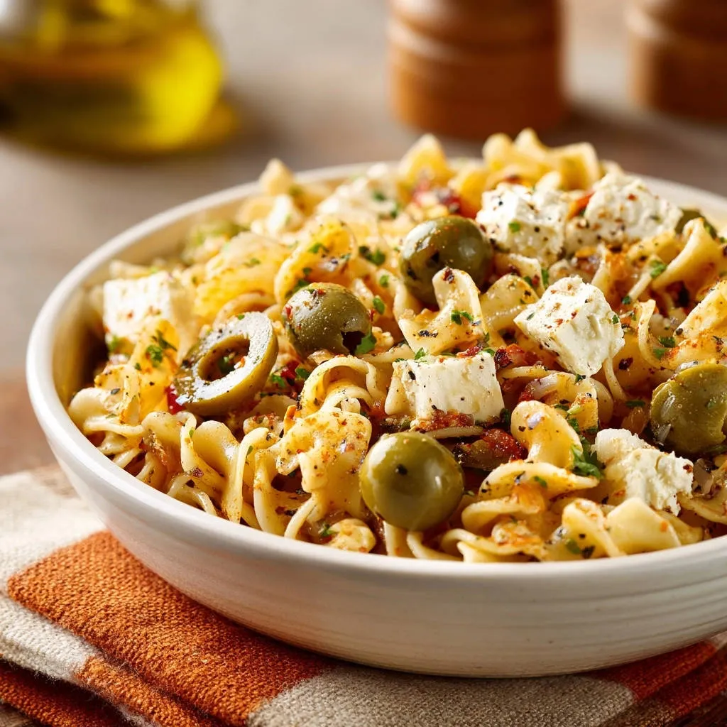 Easy Mediterranean Pasta Salad in a white bowl, featuring rotini pasta, feta cheese, olives, and herbs.