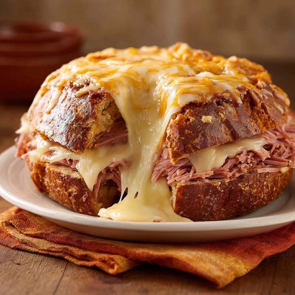 Epic deli meat & cheese pull-apart loaf with a gooey cheese pull shown from a close-up angle.
