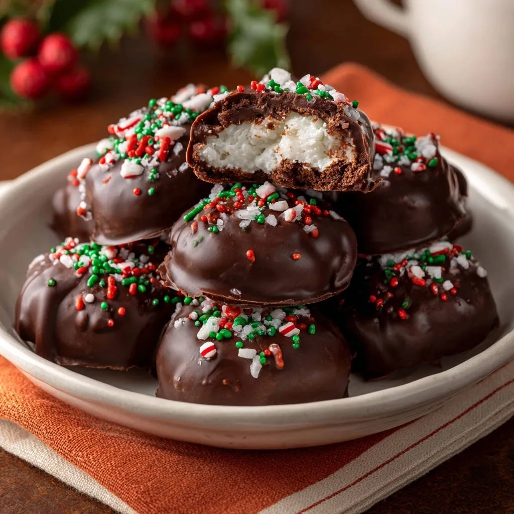 Festive chocolate coconut delights with a close-up cross-section showing the white coconut filling and festive sprinkles.