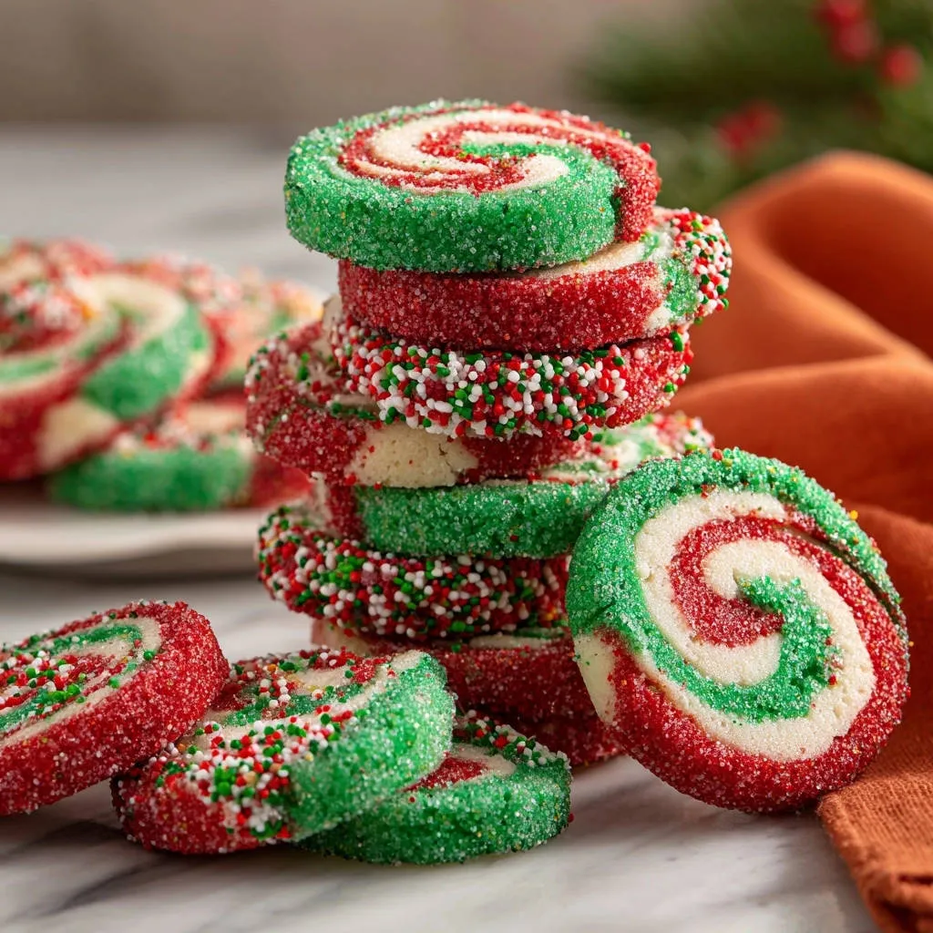 Festive pinwheel cookies in a stack and rolled, showcasing their red, green, and white swirls covered in sparkling sugar.