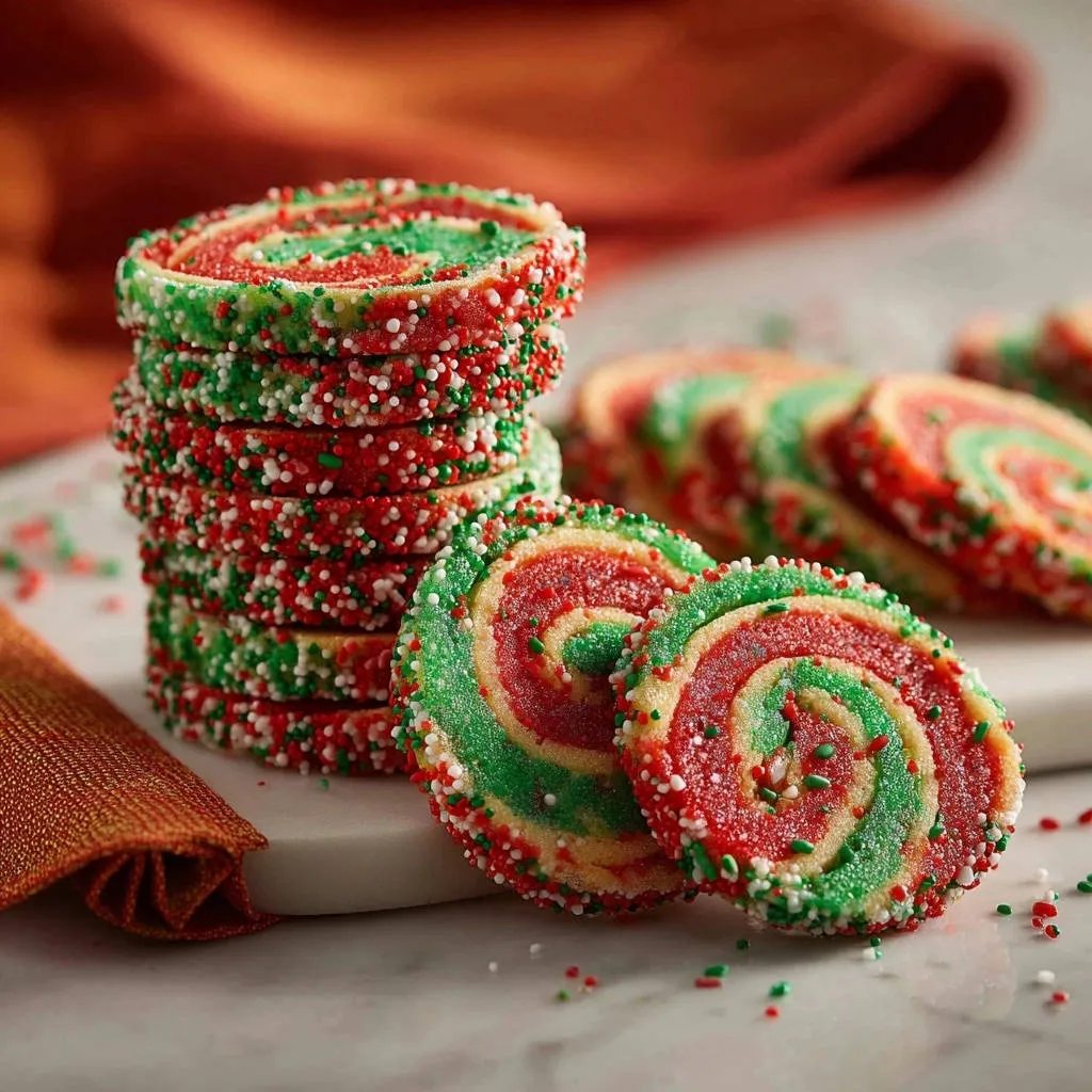 Festive pinwheel cookies stacked high and a few sliced to show the colorful red, green, and white swirl pattern.