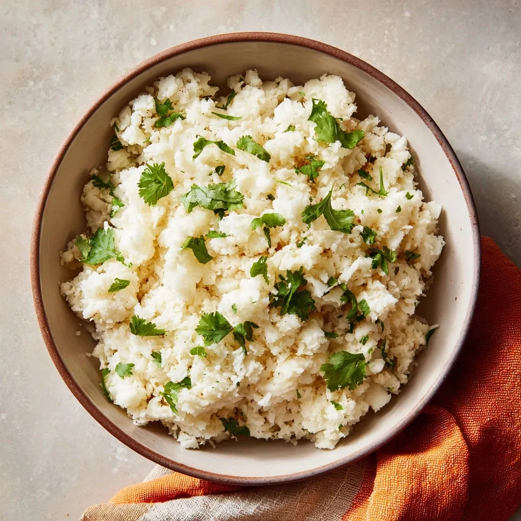 Fluffy cilantro lime cauliflower rice served in a rustic bowl with fresh cilantro garnish, an overhead view.