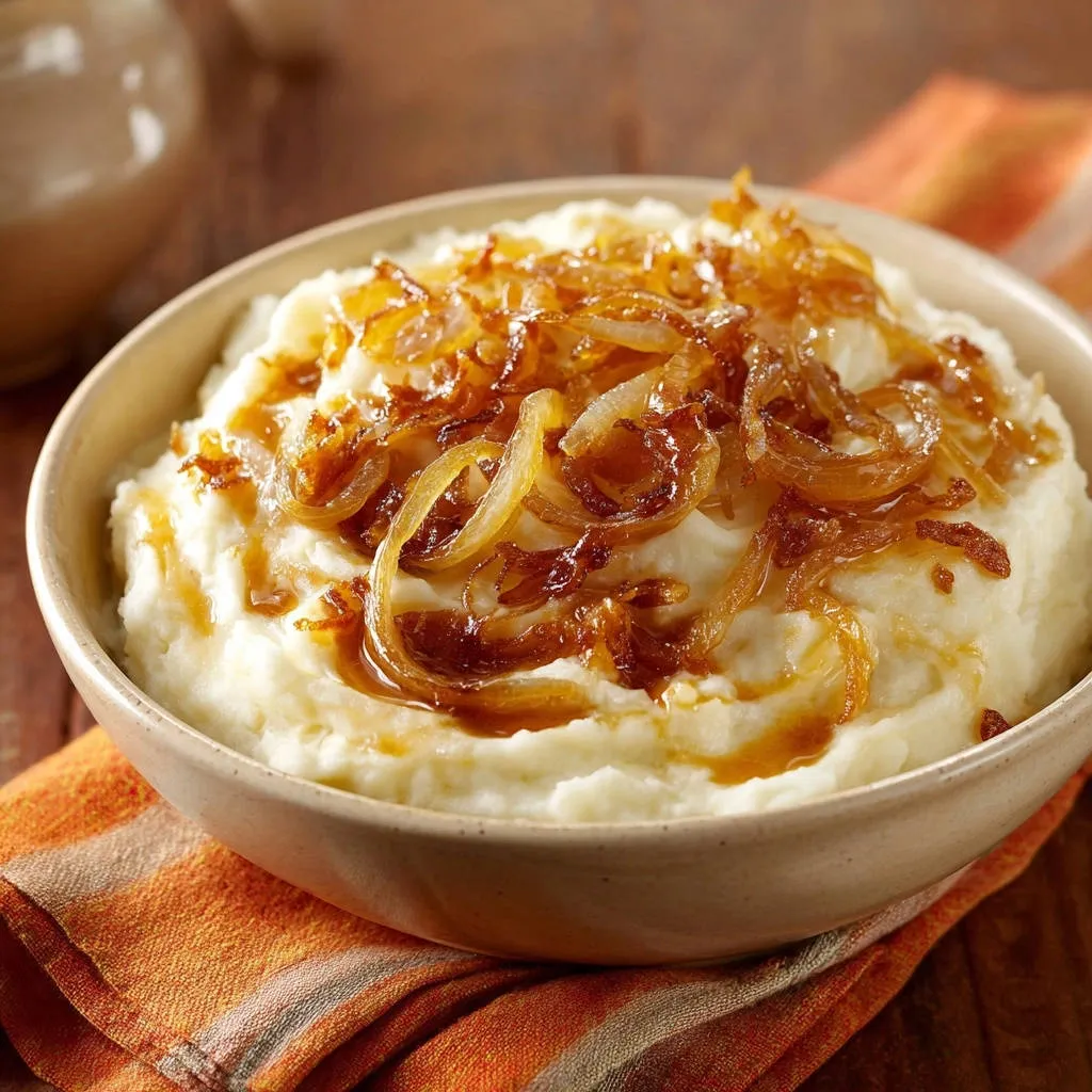 Fluffy mashed potatoes with caramelized onions as a rich topping, showcasing a detailed view of the dish.