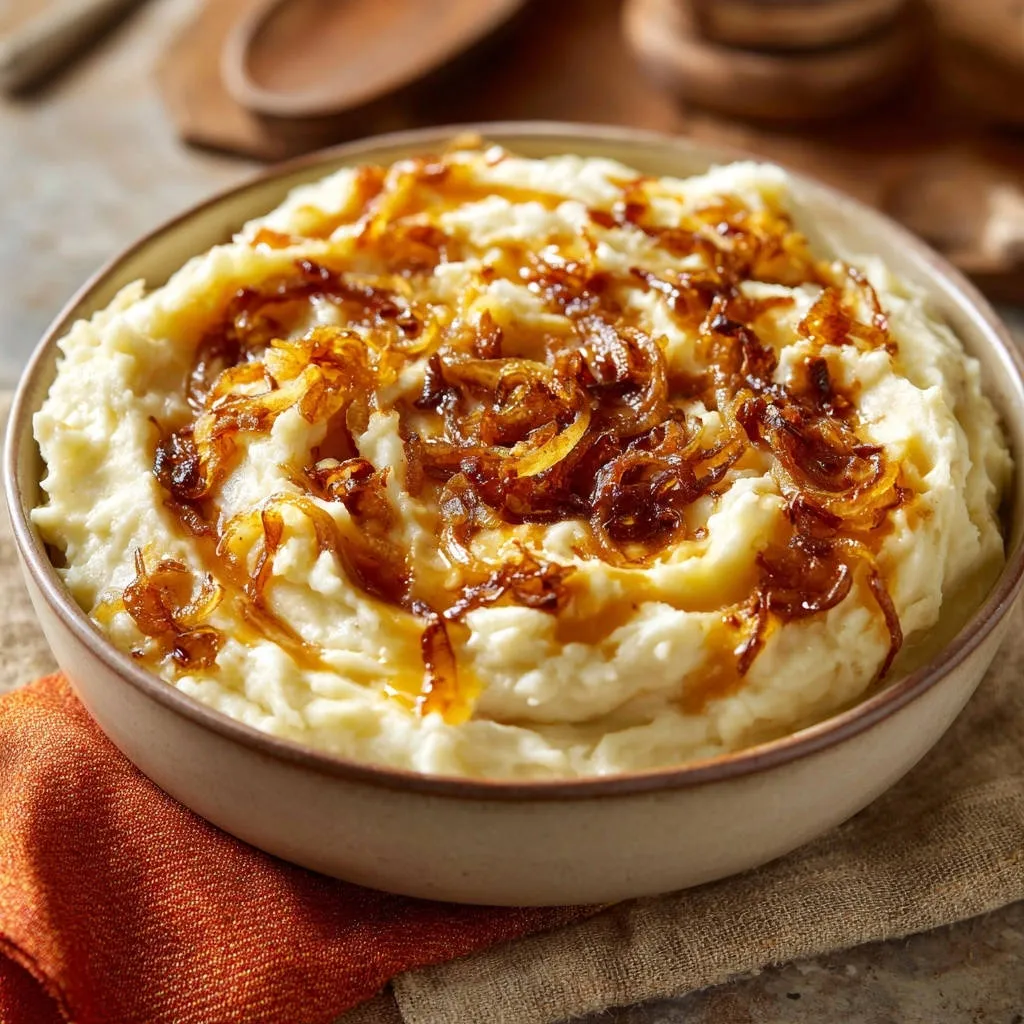 Fluffy mashed potatoes with caramelized onions as a topping, showcasing the rich texture and glistening onions.