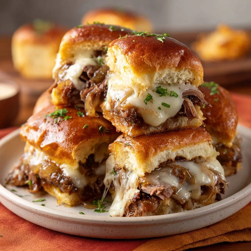 Ultimate French Dip Sliders stacked high, showcasing gooey melted cheese oozing from the juicy beef filling.