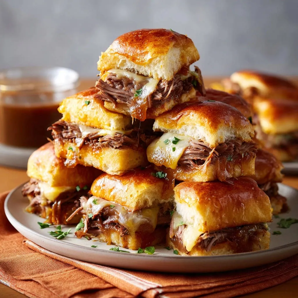 Ultimate French Dip Sliders stacked high on a plate, showcasing cheesy filling and juicy beef.
