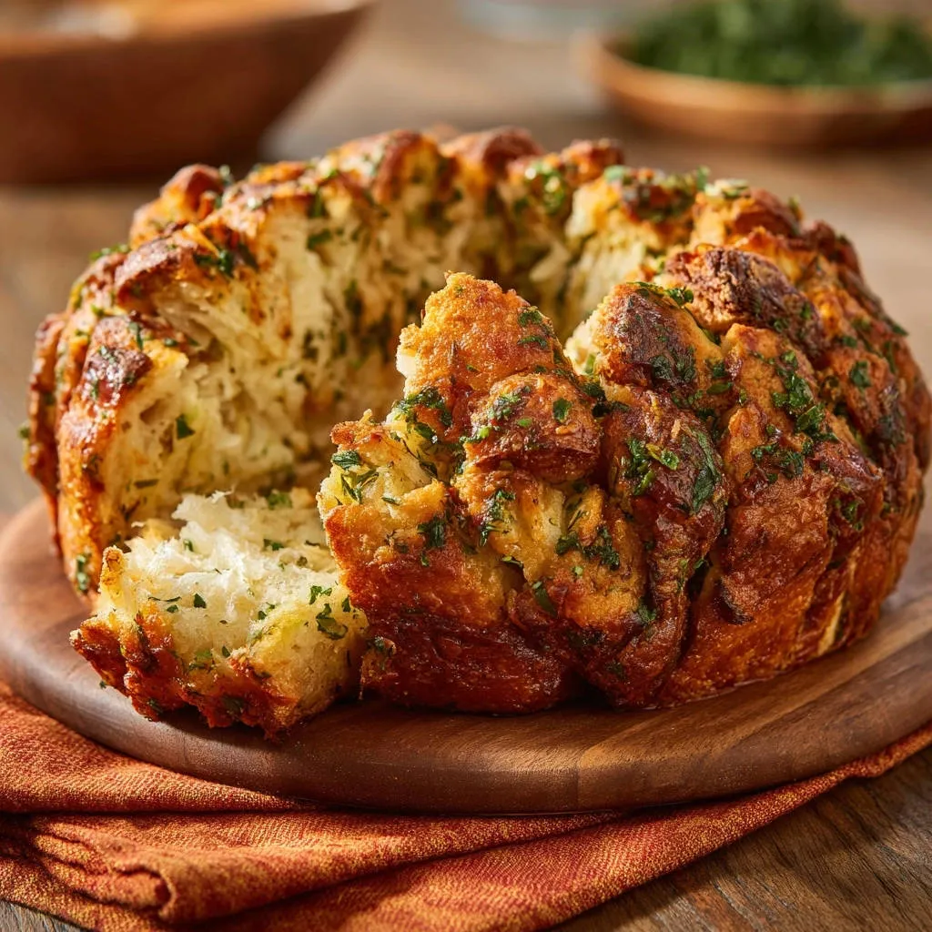 Garlic herb pull-apart bread shown in a cross-section, revealing its soft, seasoned interior and golden-brown crust.