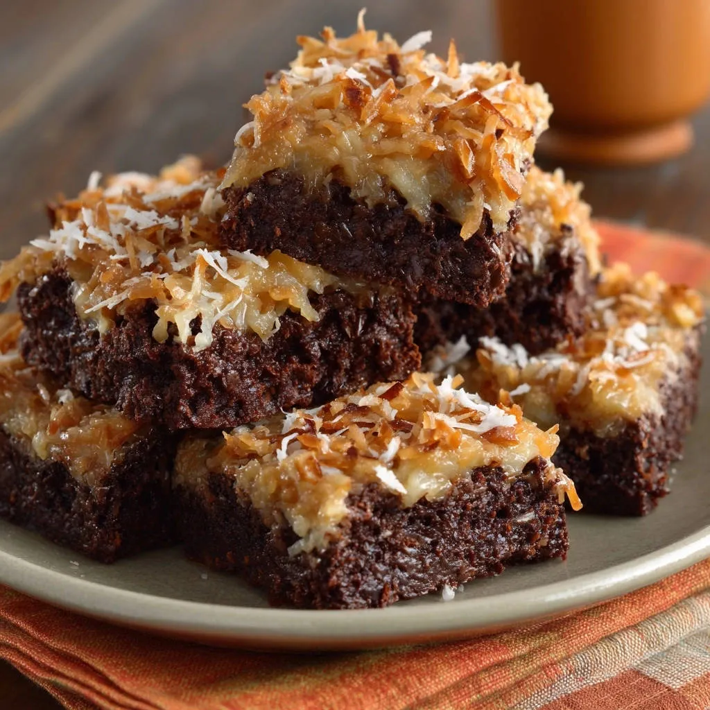 German Chocolate Brownies stacked on a plate, showcasing the fudgy interior and coconut-pecan topping.