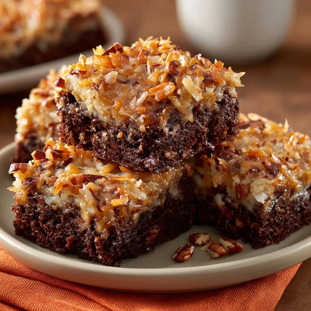 German Chocolate Brownies stacked on a light grey plate, topped with toasted coconut and pecans.
