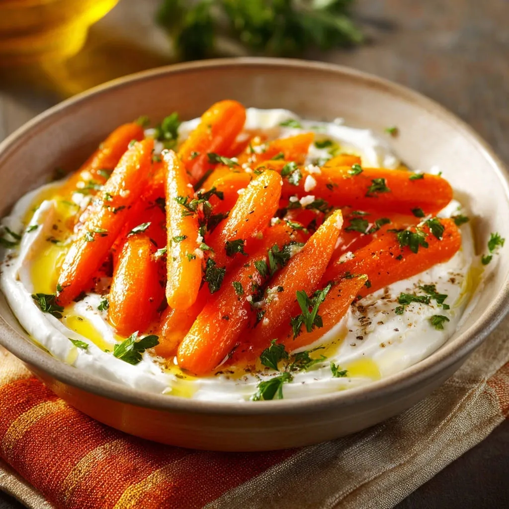 Glazed carrots with creamy yogurt, showcasing a close-up detail of fresh parsley and garlic garnish.