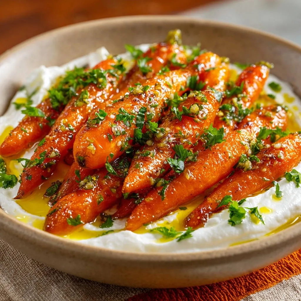 Glazed carrots with creamy yogurt, a detailed shot showcasing the fresh parsley and garlic garnish.