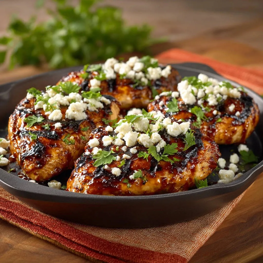 Perfectly glazed chicken breasts topped with crumbled feta cheese and fresh parsley in a black dish.