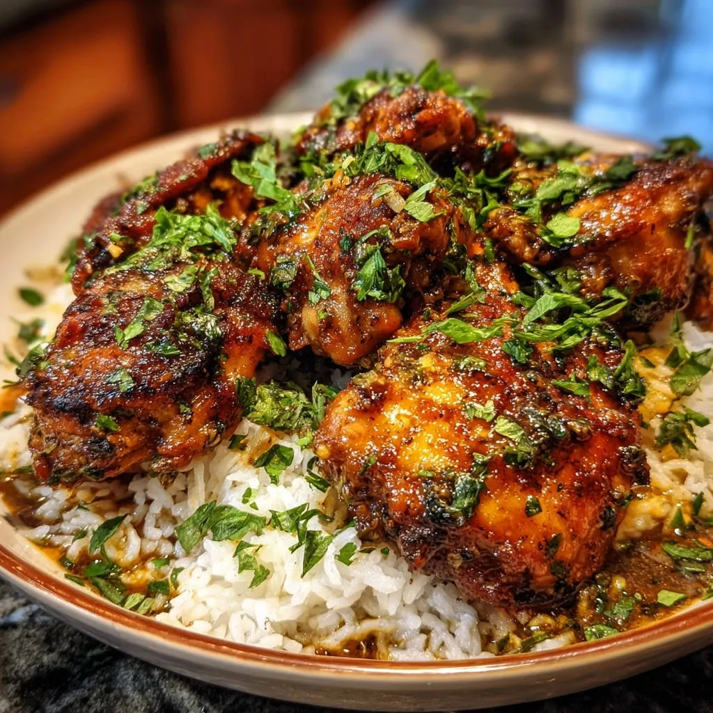 Glazed herb chicken and rice, a close-up view showcasing the glistening chicken pieces generously garnished with fresh herbs.