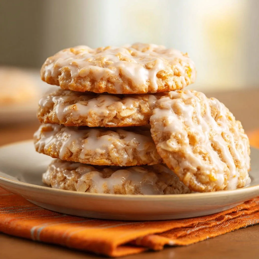 Chewy glazed oatmeal cookies stacked on a plate, showing their soft, textured appearance and drizzled icing.