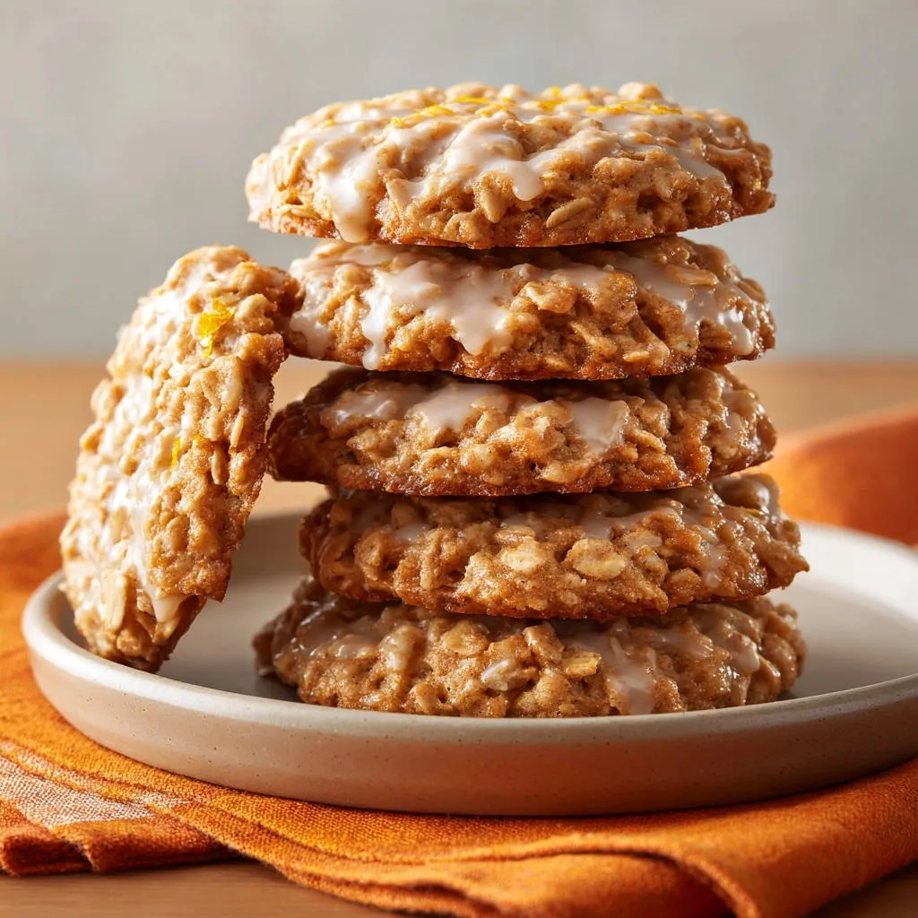 Chewy glazed oatmeal cookies stacked high on a plate, with a close-up view of their textured surface.