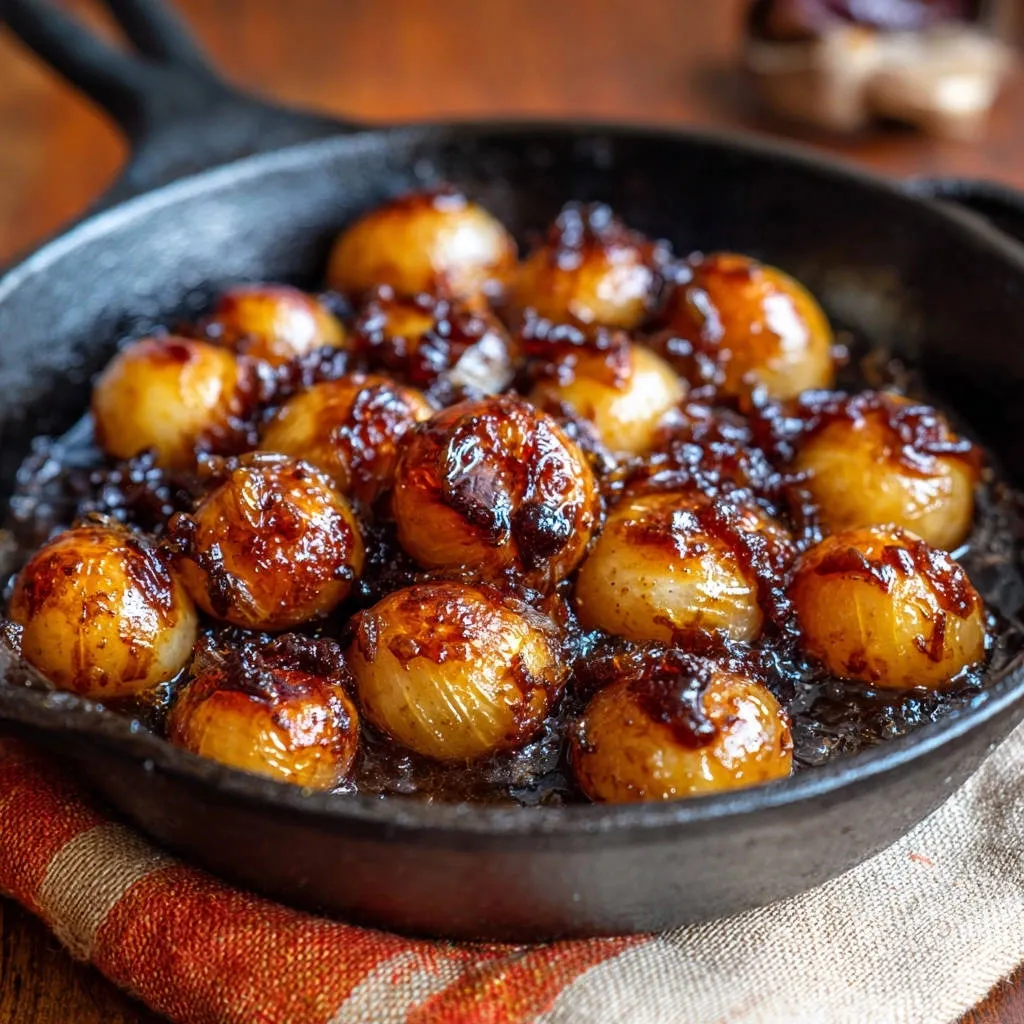 Glazed pearl onions in a cast iron skillet, coated in a syrupy glaze and glistening.