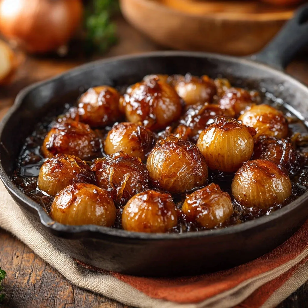 Glazed pearl onions in a cast-iron skillet, glistening with a syrupy glaze and nestled in their sauce.
