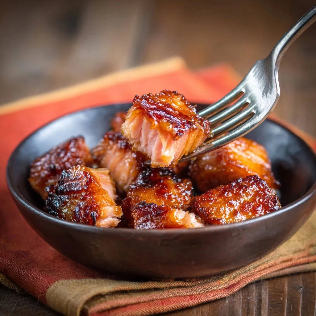 Glazed salmon bites being lifted from a bowl with a fork, showing a close-up of the sticky sweet texture.