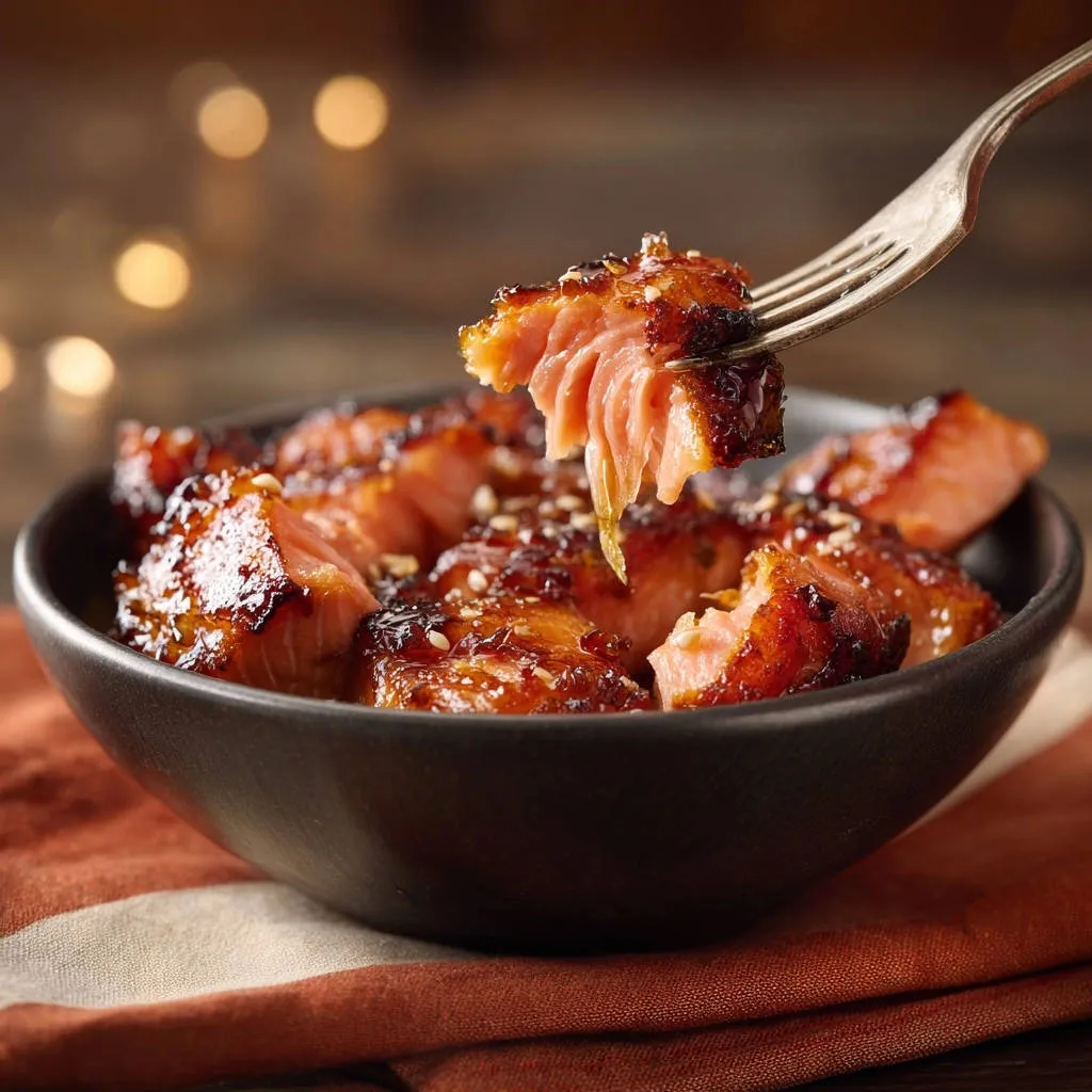 Glazed salmon bites with a fork lifting a piece, showing the juicy interior and sticky glaze.