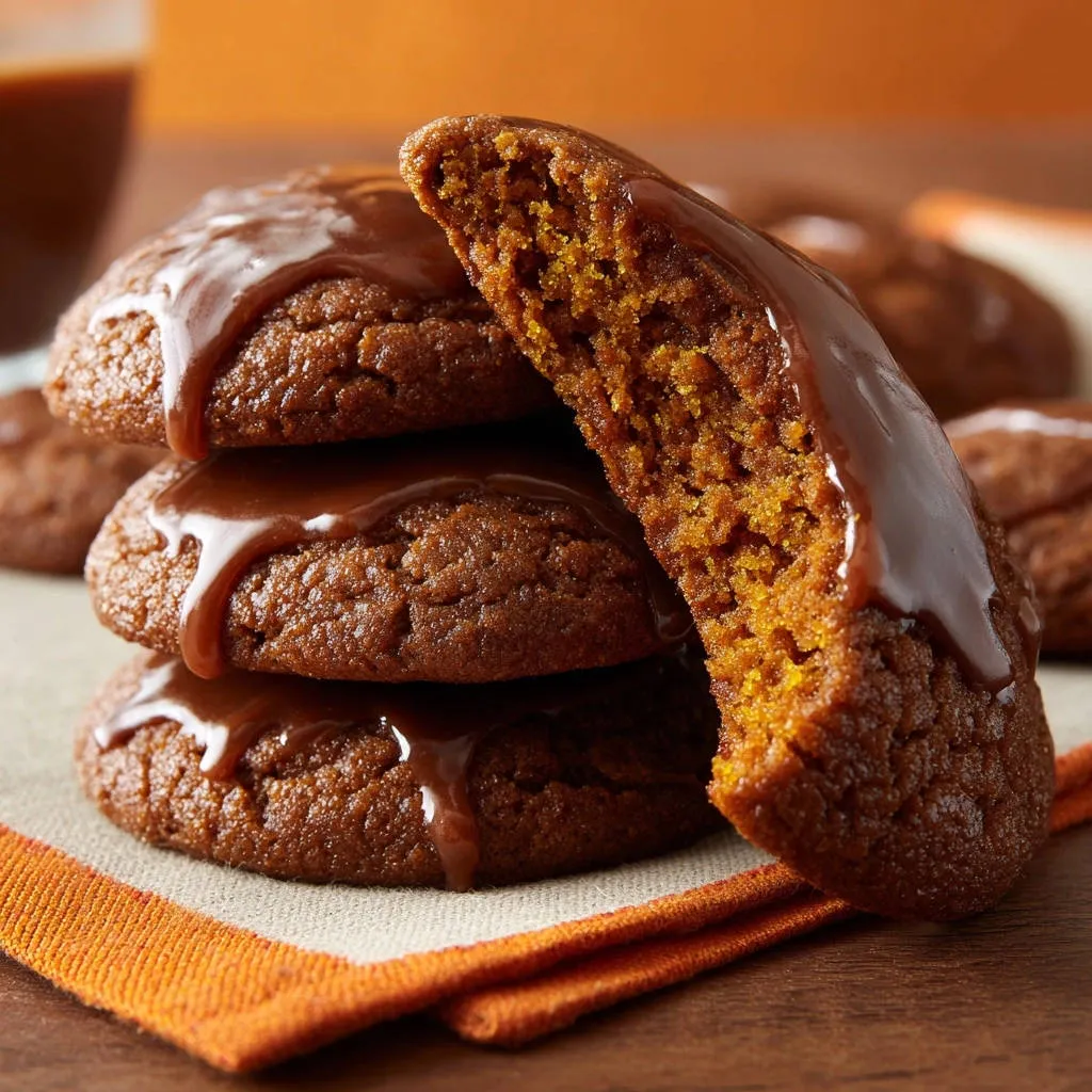 Glazed spice cookies showing a moist, tender cross-section with visible spice flecks and rich chocolate glaze.