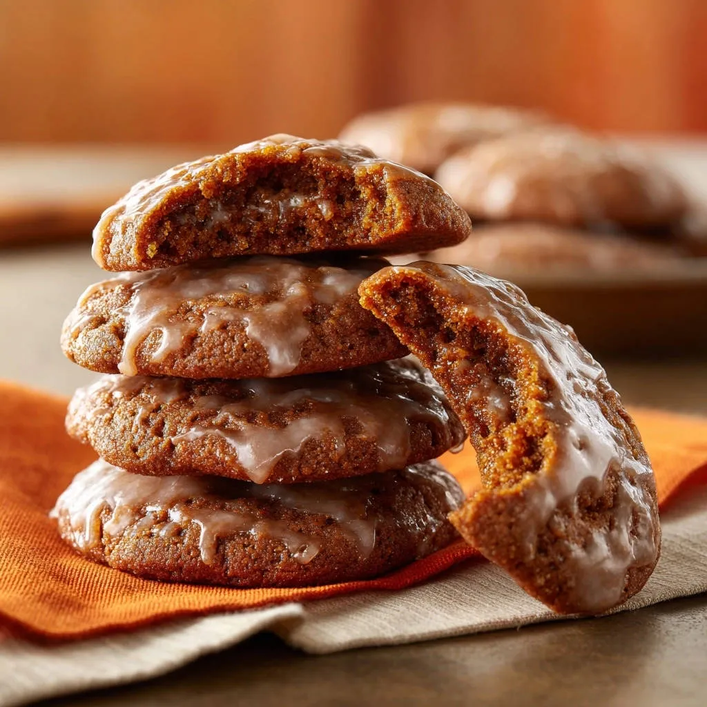 Glazed spice cookies stacked with a close-up cross-section showing the moist interior texture.