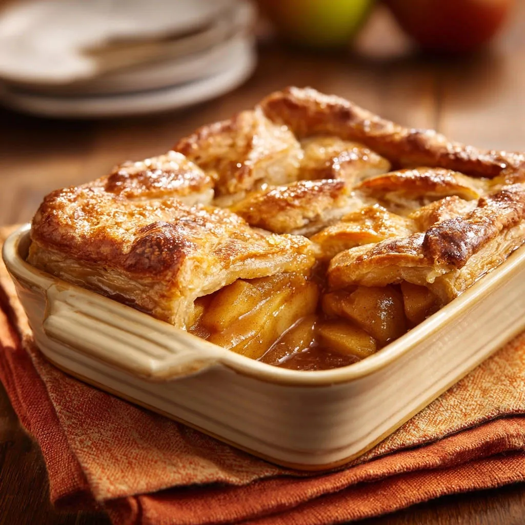Golden apple pastry bake with a close-up view of its flaky, golden-brown top crust.