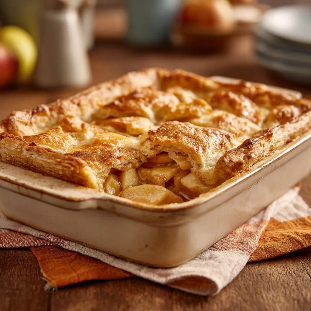 Golden apple pastry bake served in a square baking dish, showcasing its flaky top crust.
