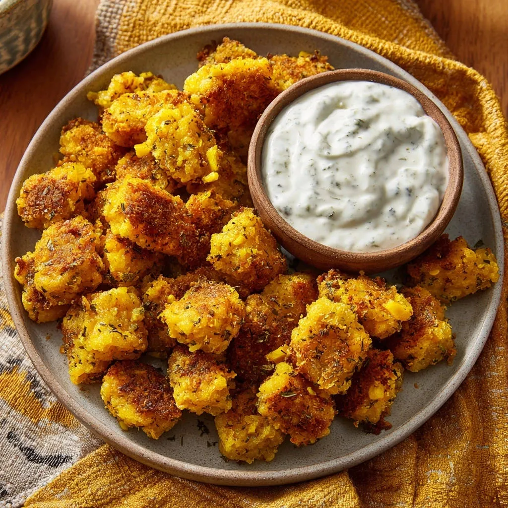 Golden crispy rice bites are served with a creamy herb dip in a wooden bowl on a plate.