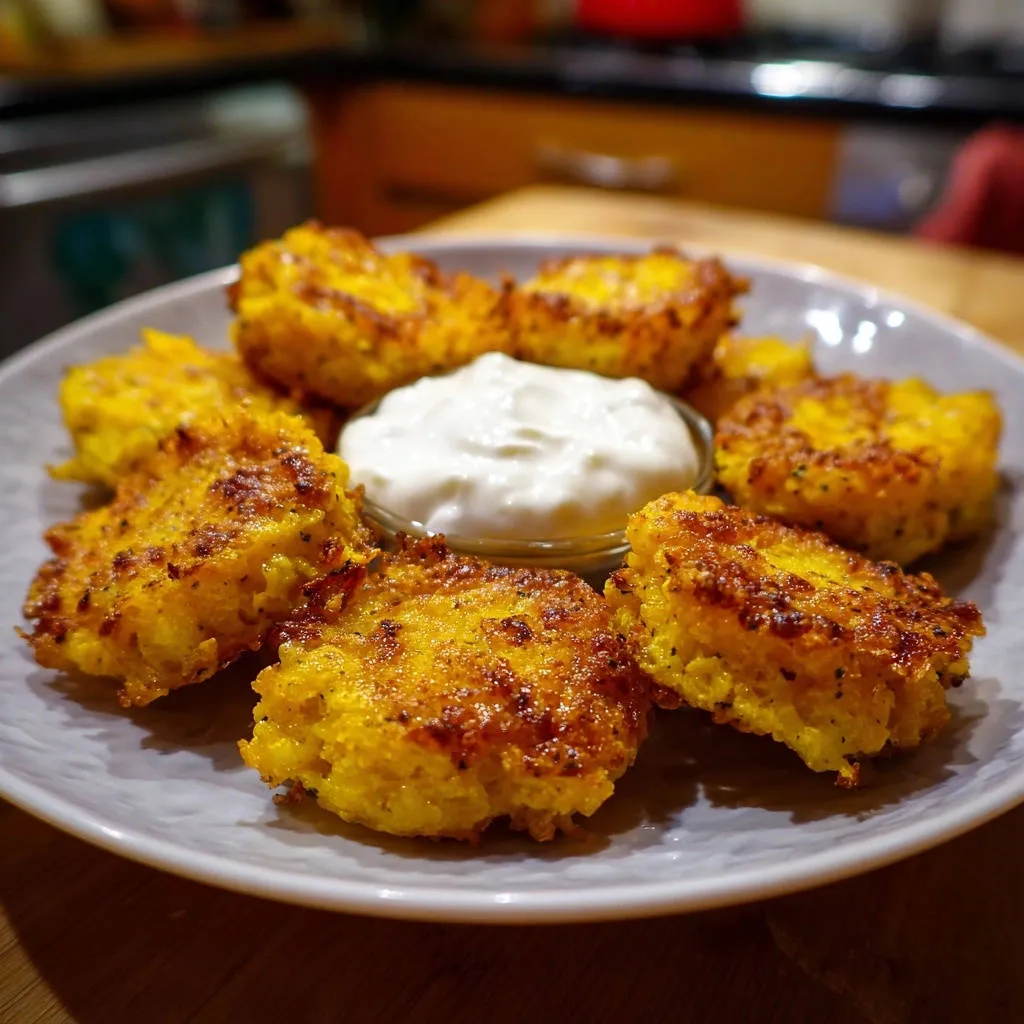 Golden crispy rice bites served with a creamy dip on a grey plate in a close-up view.