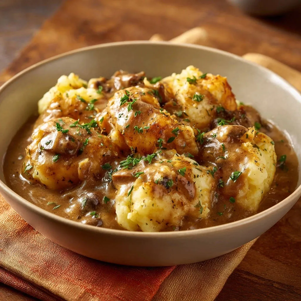 Golden potatoes and mushroom gravy served in a bowl, showcasing the rich, textured gravy and fluffy potato dumplings.